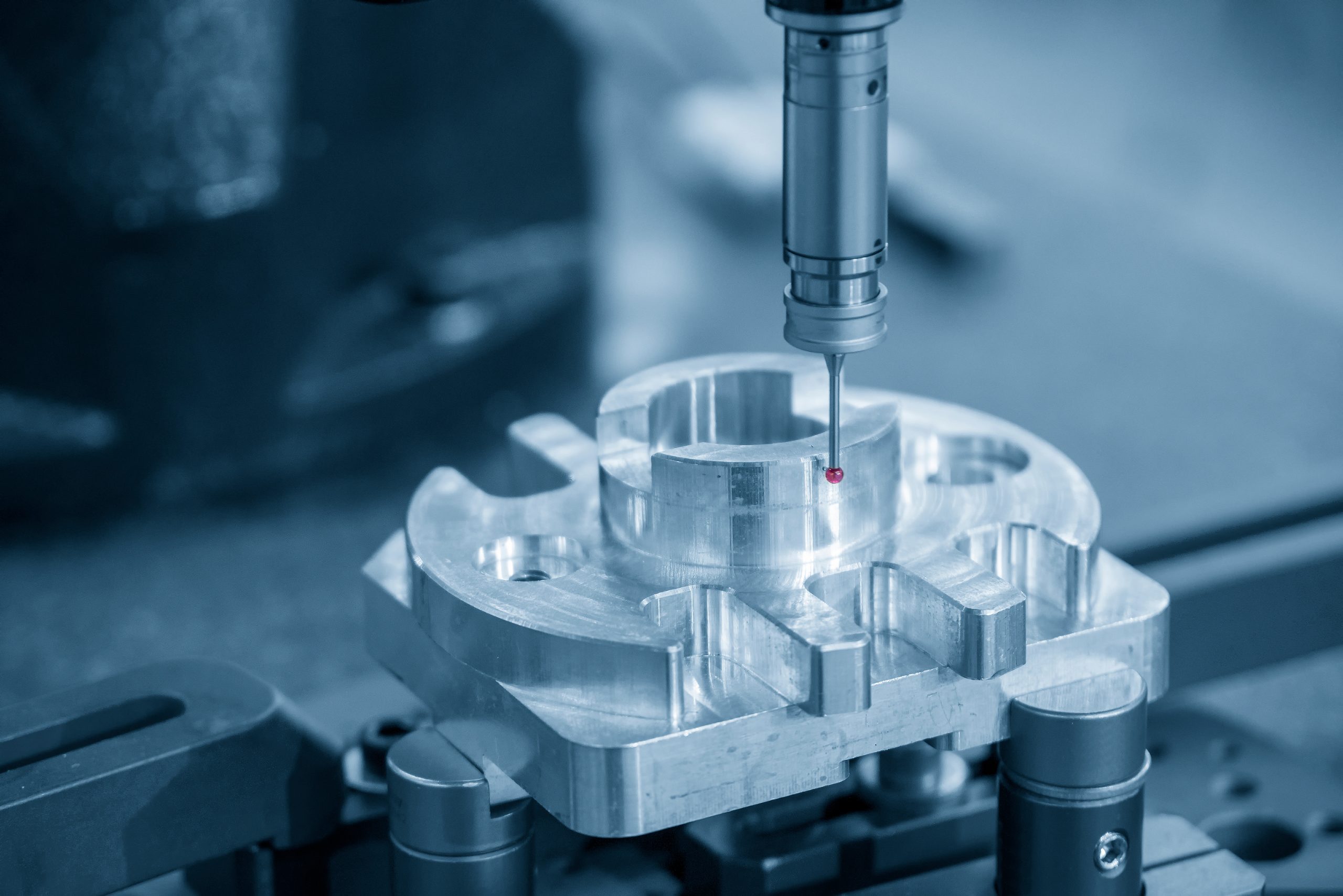 The Coordinate Measuring Machine,CMM machine measure the aluminium parts. The automotive parts quality control processing by CMM machine. CMM Inspection machine